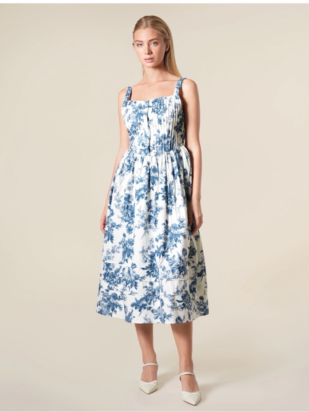 Loveshack Fancy MAJORY PLEATED FLORAL-PRINT COTTON MIDI DRESS IN BLUE CHINA  00